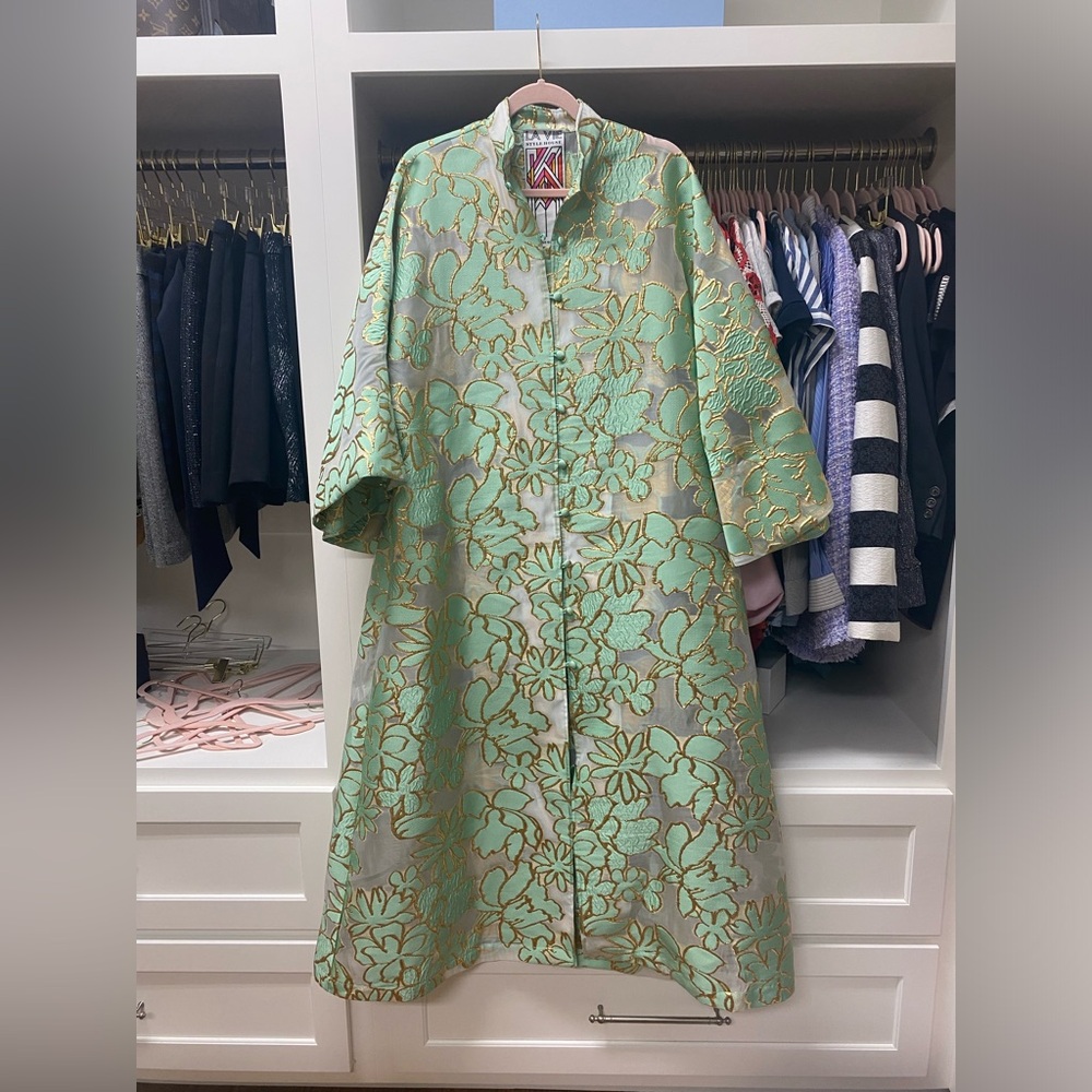 La Vie Style House Floral Brocade Maxi Caftan Mint Gold